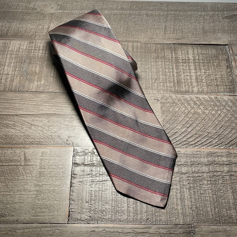 Paul Stuart silk tie - striped: brown, tan, red, cream
